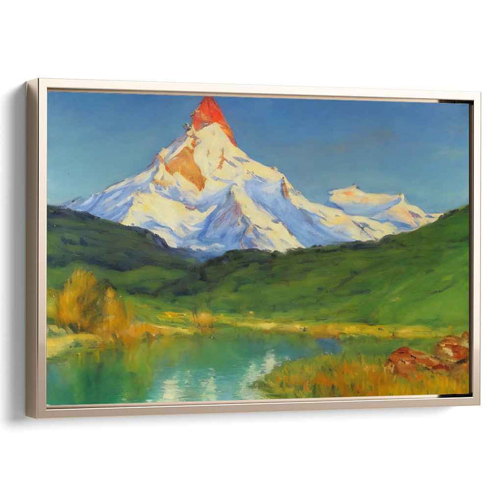 Sunlit Summit: Romantic Landscape with Reflective Lake Canvas Art