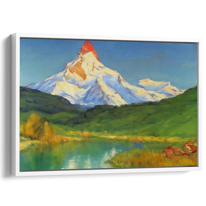 Sunlit Summit: Romantic Landscape with Reflective Lake Canvas Art