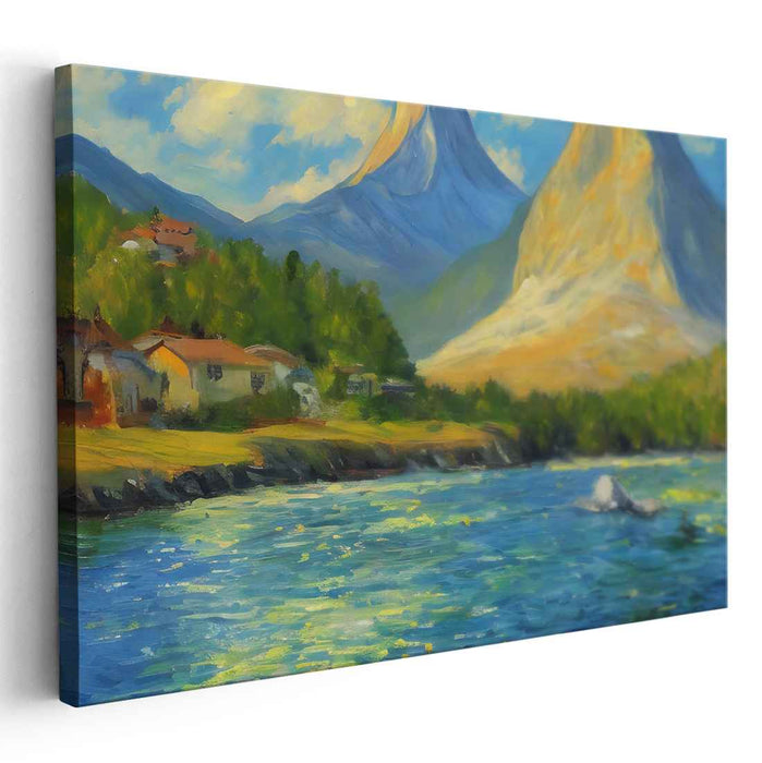 Majestic Tranquility Retreat: Serene Mountain Landscape with River and Cottages