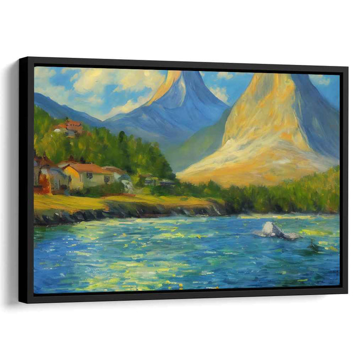 Majestic Tranquility Retreat: Serene Mountain Landscape with River and Cottages