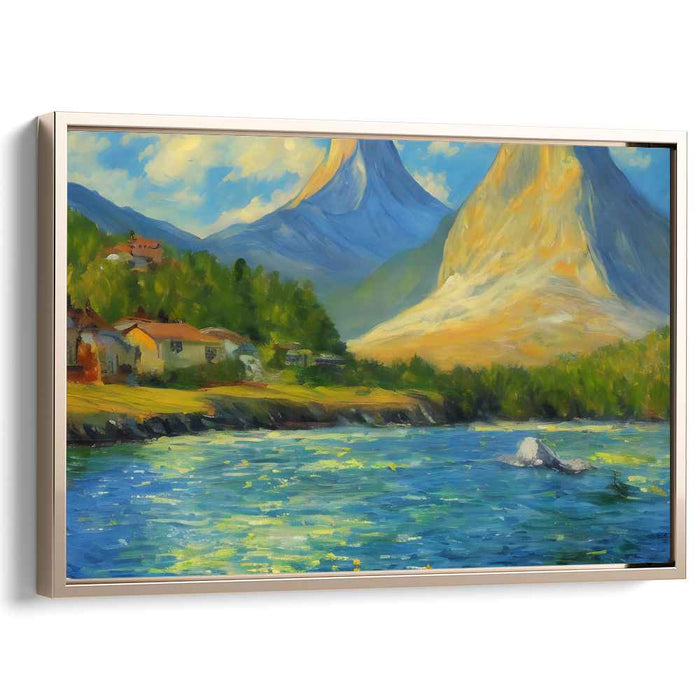 Majestic Tranquility Retreat: Serene Mountain Landscape with River and Cottages