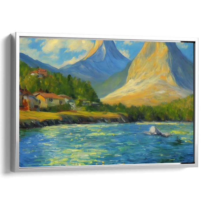 Majestic Tranquility Retreat: Serene Mountain Landscape with River and Cottages