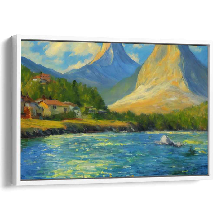 Majestic Tranquility Retreat: Serene Mountain Landscape with River and Cottages