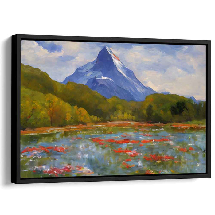 Crimson Blooms on Slopes: Impressionist Mountain Landscape with Red Water Lilies