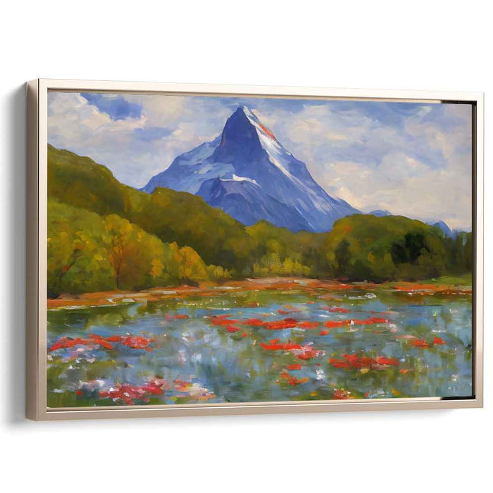 Crimson Blooms on Slopes: Impressionist Mountain Landscape with Red Water Lilies