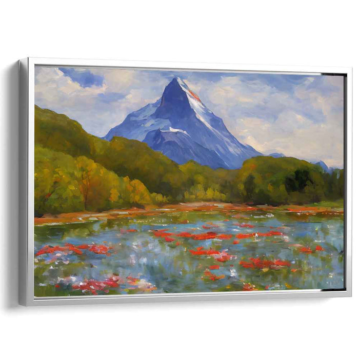 Crimson Blooms on Slopes: Impressionist Mountain Landscape with Red Water Lilies