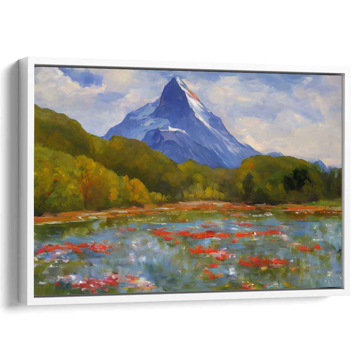 Crimson Blooms on Slopes: Impressionist Mountain Landscape with Red Water Lilies