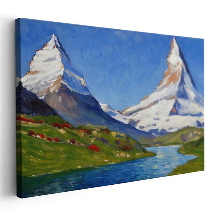 Whispering Echoes of Frozen Giants: Snow-Capped Peaks and Tranquil River Landscape Art Print