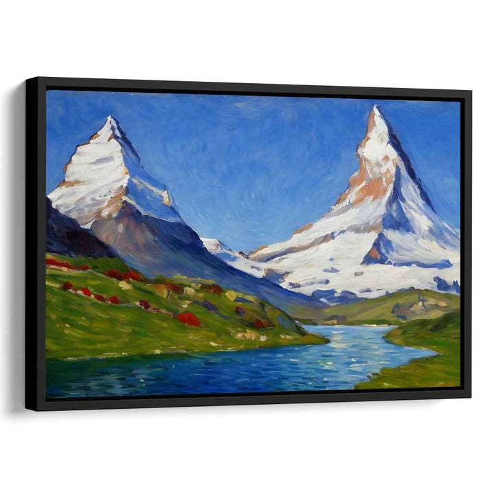 Whispering Echoes of Frozen Giants: Snow-Capped Peaks and Tranquil River Landscape Art Print