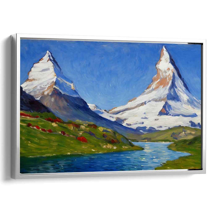 Whispering Echoes of Frozen Giants: Snow-Capped Peaks and Tranquil River Landscape Art Print