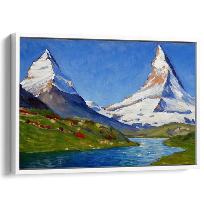 Whispering Echoes of Frozen Giants: Snow-Capped Peaks and Tranquil River Landscape Art Print