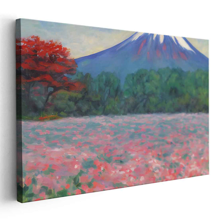 Whispering Peaks of Blossom Grove: Impressionist Pink Blossom and Majestic Mountain Canvas Art