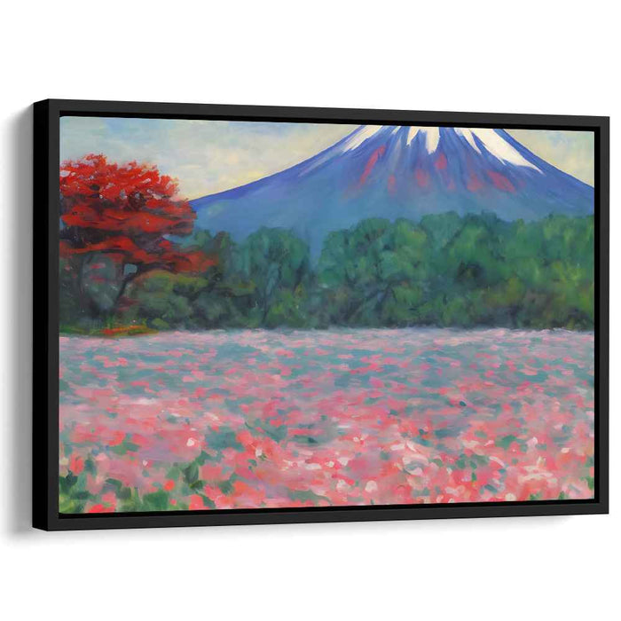 Whispering Peaks of Blossom Grove: Impressionist Pink Blossom and Majestic Mountain Canvas Art