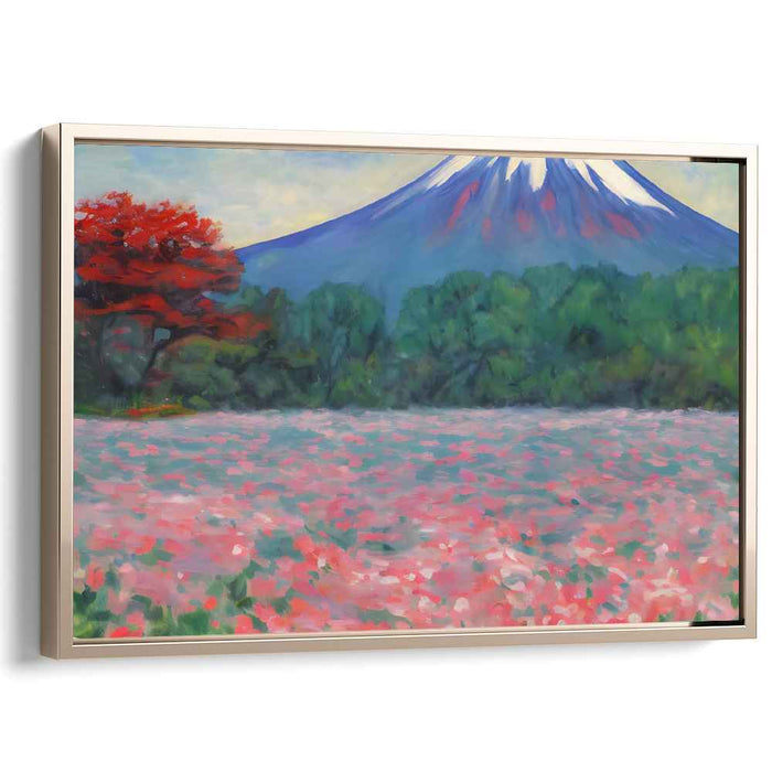 Whispering Peaks of Blossom Grove: Impressionist Pink Blossom and Majestic Mountain Canvas Art