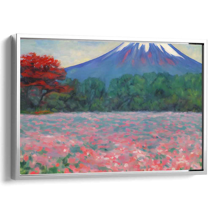 Whispering Peaks of Blossom Grove: Impressionist Pink Blossom and Majestic Mountain Canvas Art