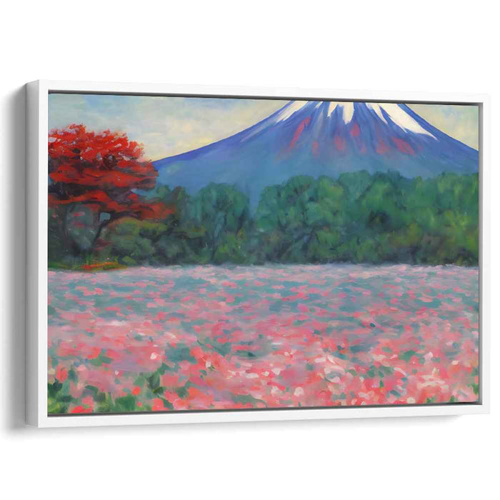 Whispering Peaks of Blossom Grove: Impressionist Pink Blossom and Majestic Mountain Canvas Art