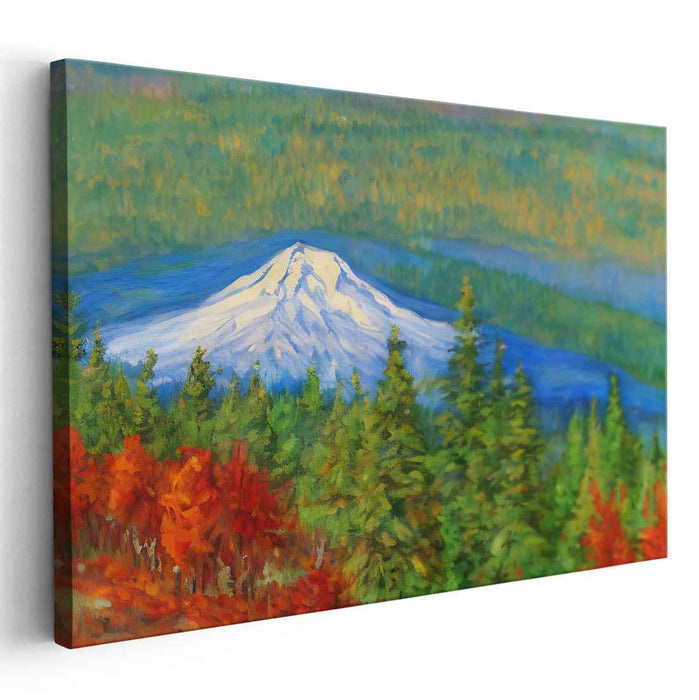 Frostbite's Embrace: Vibrant Forest Landscape with Snow-Capped Peak