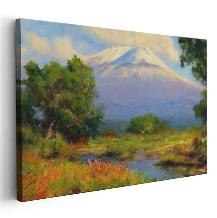 Alpine Blossom Vista: Impressionist Landscape with Snow-Capped Mountain and Wildflowers