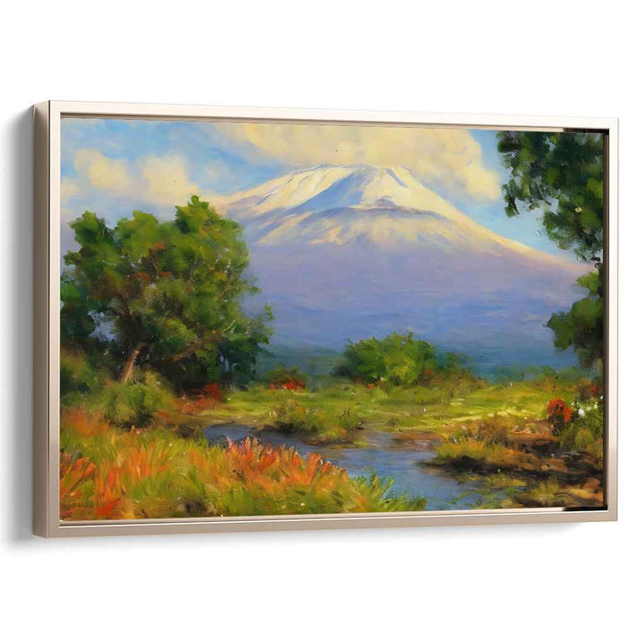 Alpine Blossom Vista: Impressionist Landscape with Snow-Capped Mountain and Wildflowers