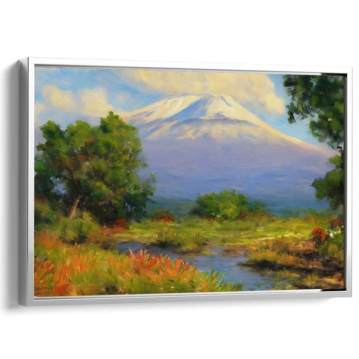 Alpine Blossom Vista: Impressionist Landscape with Snow-Capped Mountain and Wildflowers