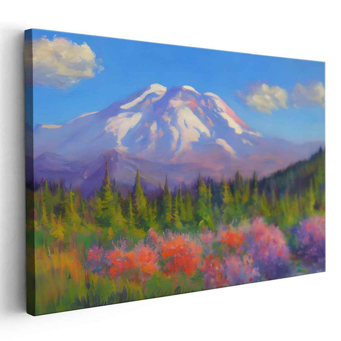 Ivory Summit Symphony: Lush Landscape and Snow-Capped Peaks Canvas Art