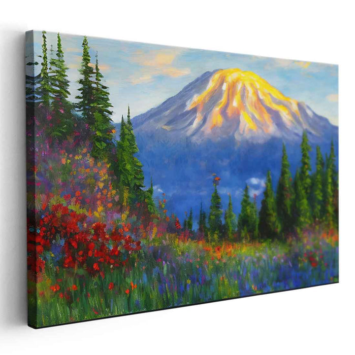 Ethereal Heights Dance: Impressionist Mountain and Wildflower Meadow Canvas Art