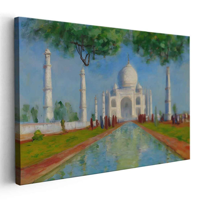 Marble Sunrise Serenity: Realistic Taj Mahal Morning Landscape Canvas Art