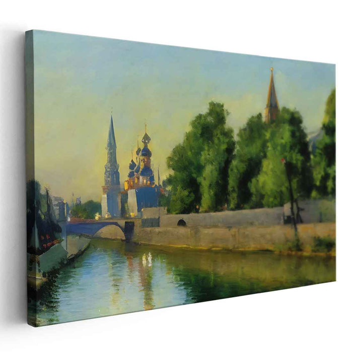 Tranquil River Morning: Impressionistic Cityscape Canvas Art Print