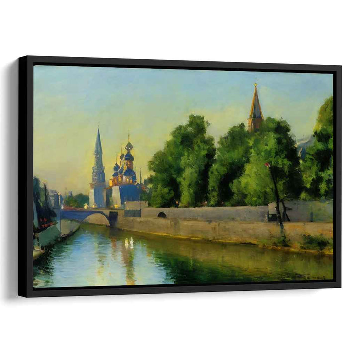 Tranquil River Morning: Impressionistic Cityscape Canvas Art Print