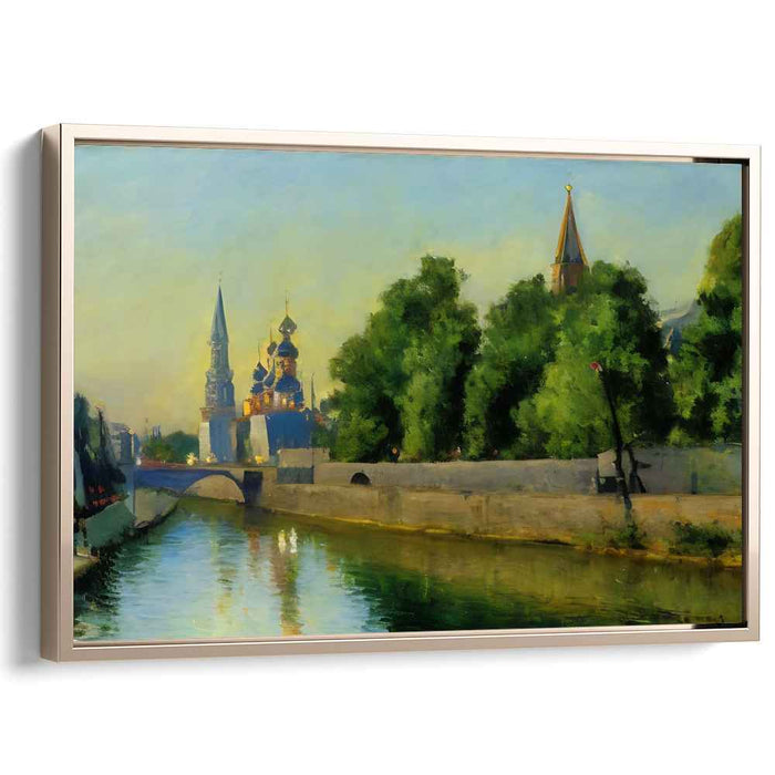 Tranquil River Morning: Impressionistic Cityscape Canvas Art Print