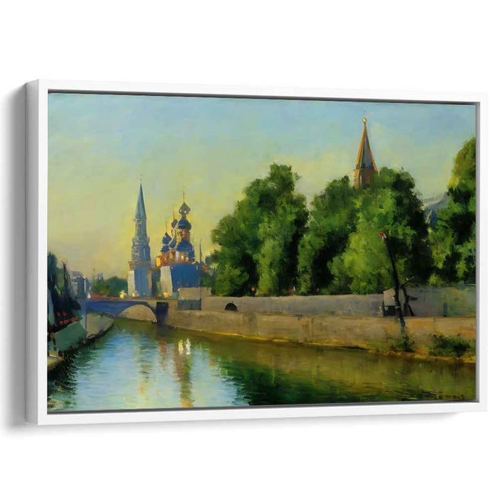 Tranquil River Morning: Impressionistic Cityscape Canvas Art Print