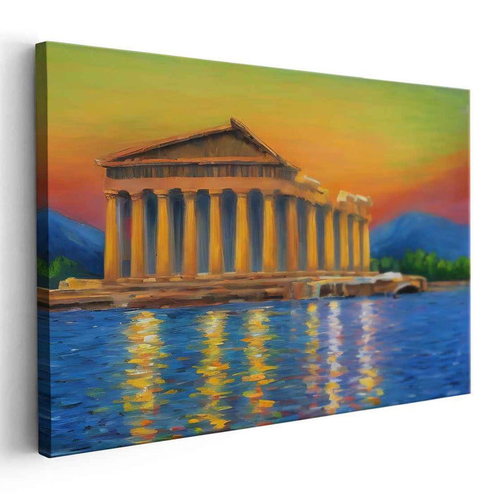 Ethereal Echos of Golden Ruins: Neoclassical Sunset Over Ancient Temple Canvas Art