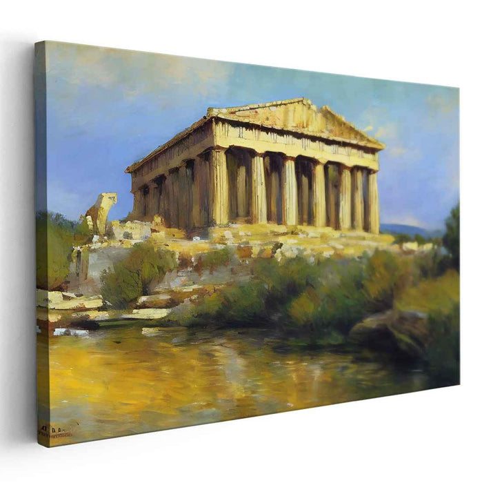 Olympus Horizon: Sunlit Greek Temple Landscape Canvas Art Print