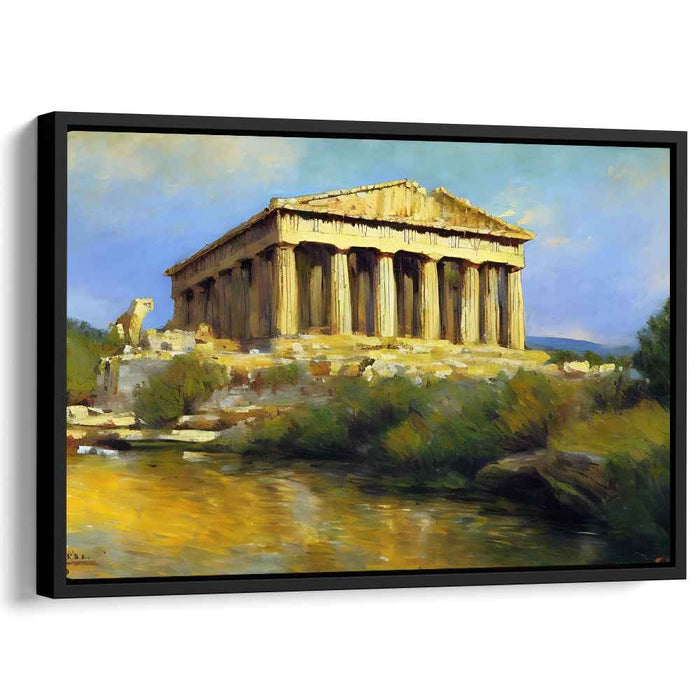 Olympus Horizon: Sunlit Greek Temple Landscape Canvas Art Print