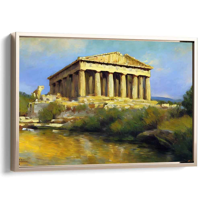 Olympus Horizon: Sunlit Greek Temple Landscape Canvas Art Print