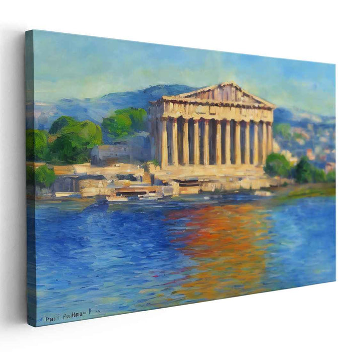 Reflections of Timeless Beauty: Impressionist Greek Temple by the Water Canvas Art Print