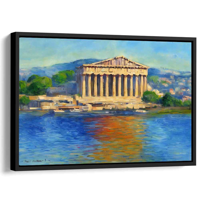 Reflections of Timeless Beauty: Impressionist Greek Temple by the Water Canvas Art Print