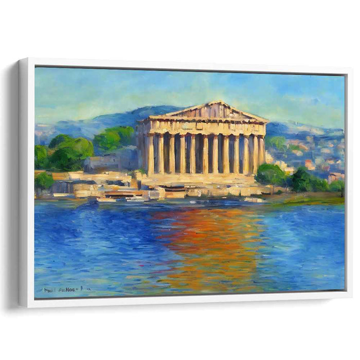 Reflections of Timeless Beauty: Impressionist Greek Temple by the Water Canvas Art Print