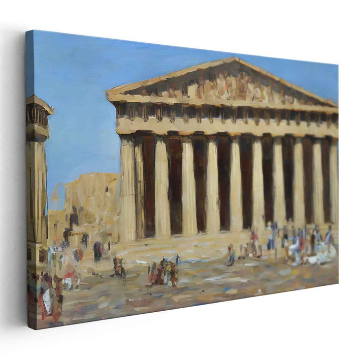 Whispers Among Marble Columns: Impressionist Painting of Classical Temple with Bustling Tourists