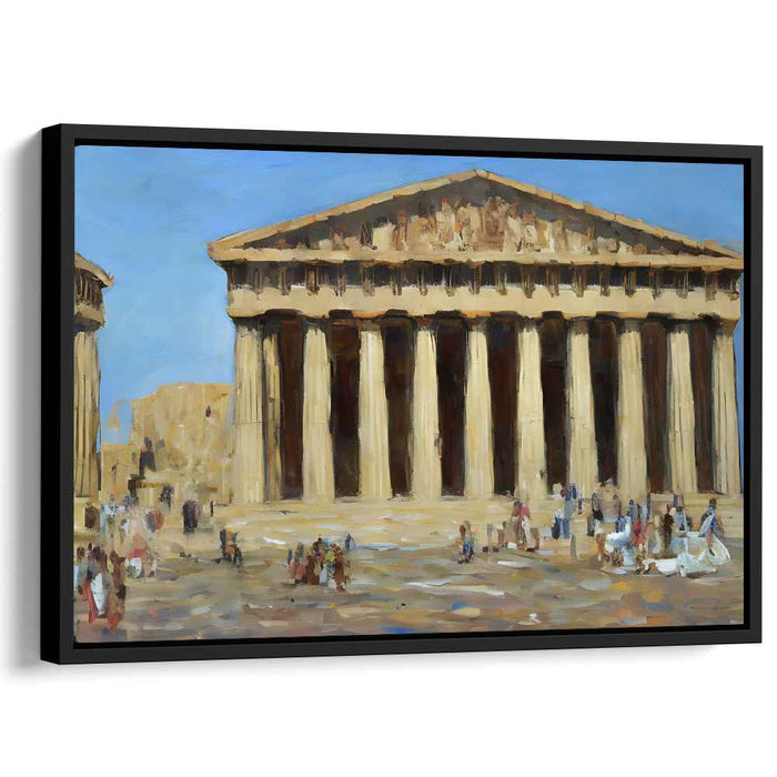 Whispers Among Marble Columns: Impressionist Painting of Classical Temple with Bustling Tourists
