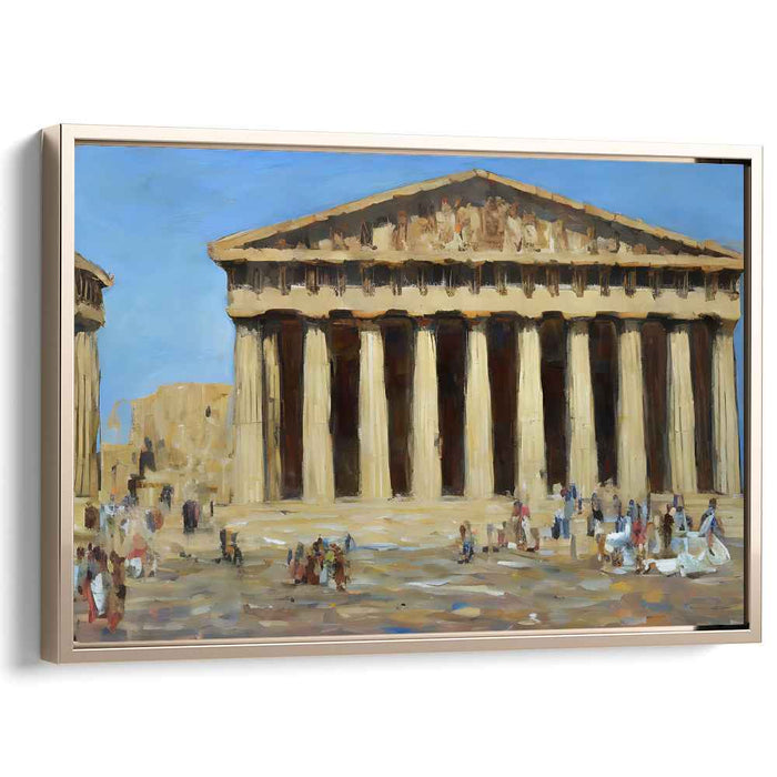 Whispers Among Marble Columns: Impressionist Painting of Classical Temple with Bustling Tourists