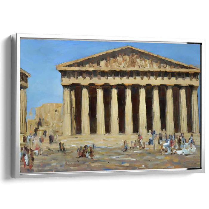 Whispers Among Marble Columns: Impressionist Painting of Classical Temple with Bustling Tourists