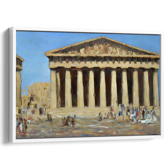 Whispers Among Marble Columns: Impressionist Painting of Classical Temple with Bustling Tourists