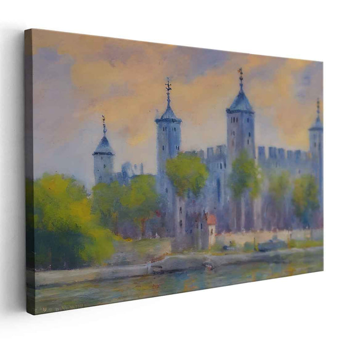 Tranquil Castle by the River: Impressionist Sunset Canvas Art Print