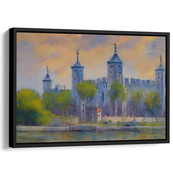 Tranquil Castle by the River: Impressionist Sunset Canvas Art Print