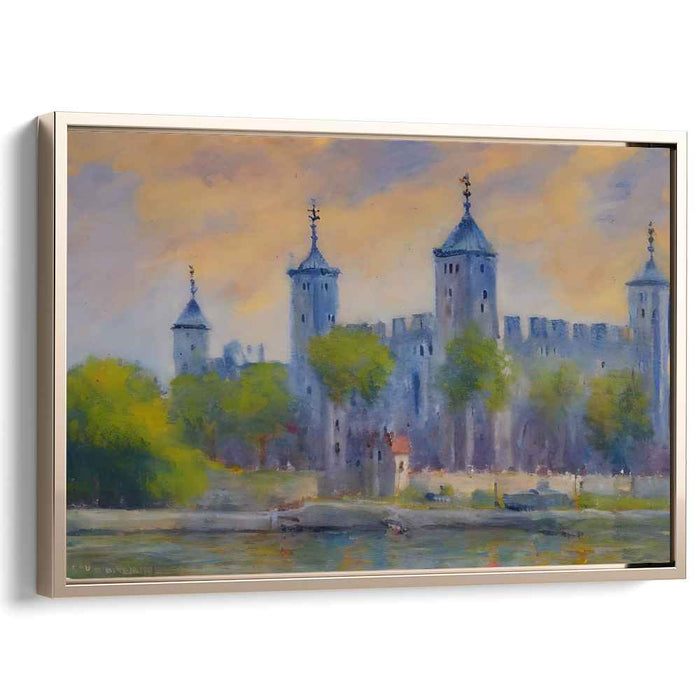 Tranquil Castle by the River: Impressionist Sunset Canvas Art Print