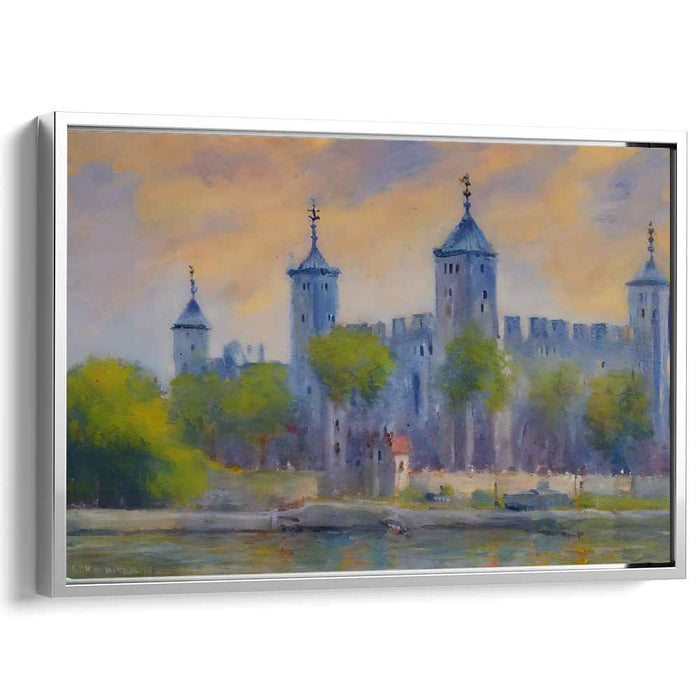 Tranquil Castle by the River: Impressionist Sunset Canvas Art Print