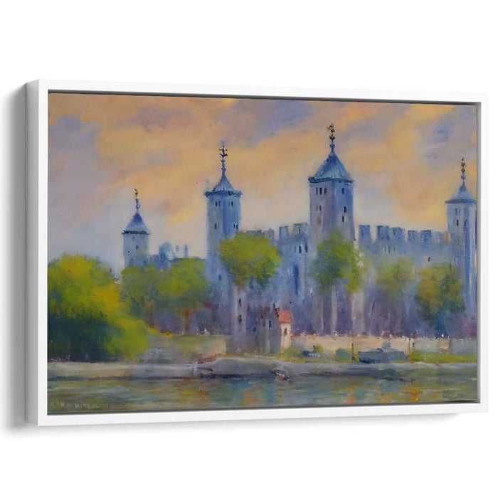 Tranquil Castle by the River: Impressionist Sunset Canvas Art Print