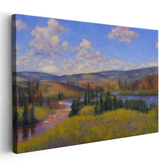 Tranquil Valleys Flow: Serene Landscape with Rolling Hills and River