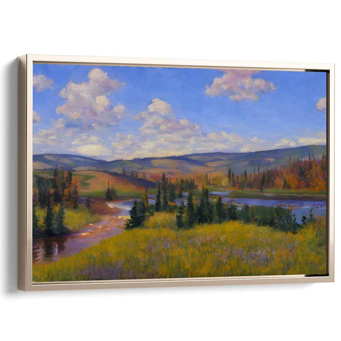 Tranquil Valleys Flow: Serene Landscape with Rolling Hills and River